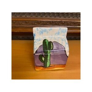 Southwest Desert Cactus Milk Carton Ceramic Trinket Box Hand Painted Signed 1983